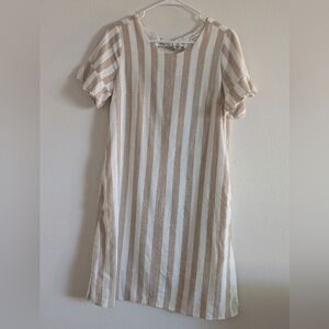 First Monday Anthropology Striped Tan and White Dress Women Sz Small Linen Blend